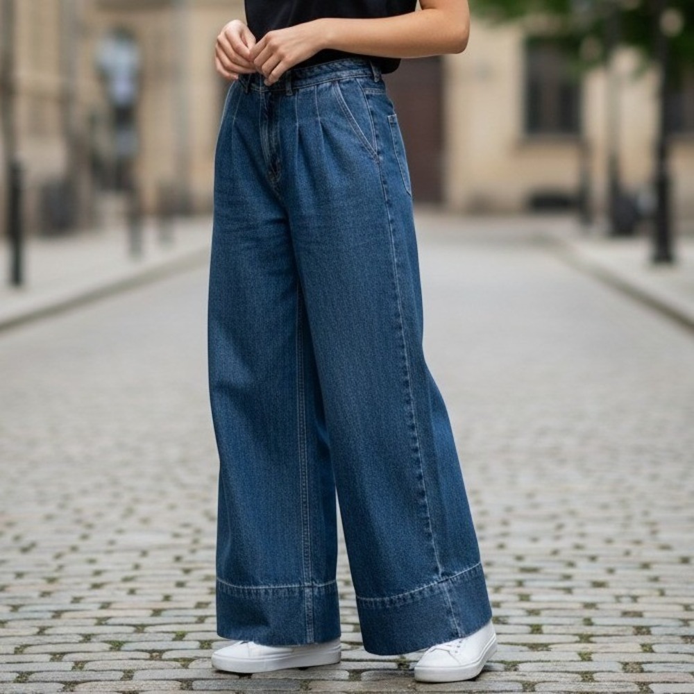 Monki Women Blue High Waisted‎ Pleated Wide Leg Cotton Denim Jeans Size 26x30